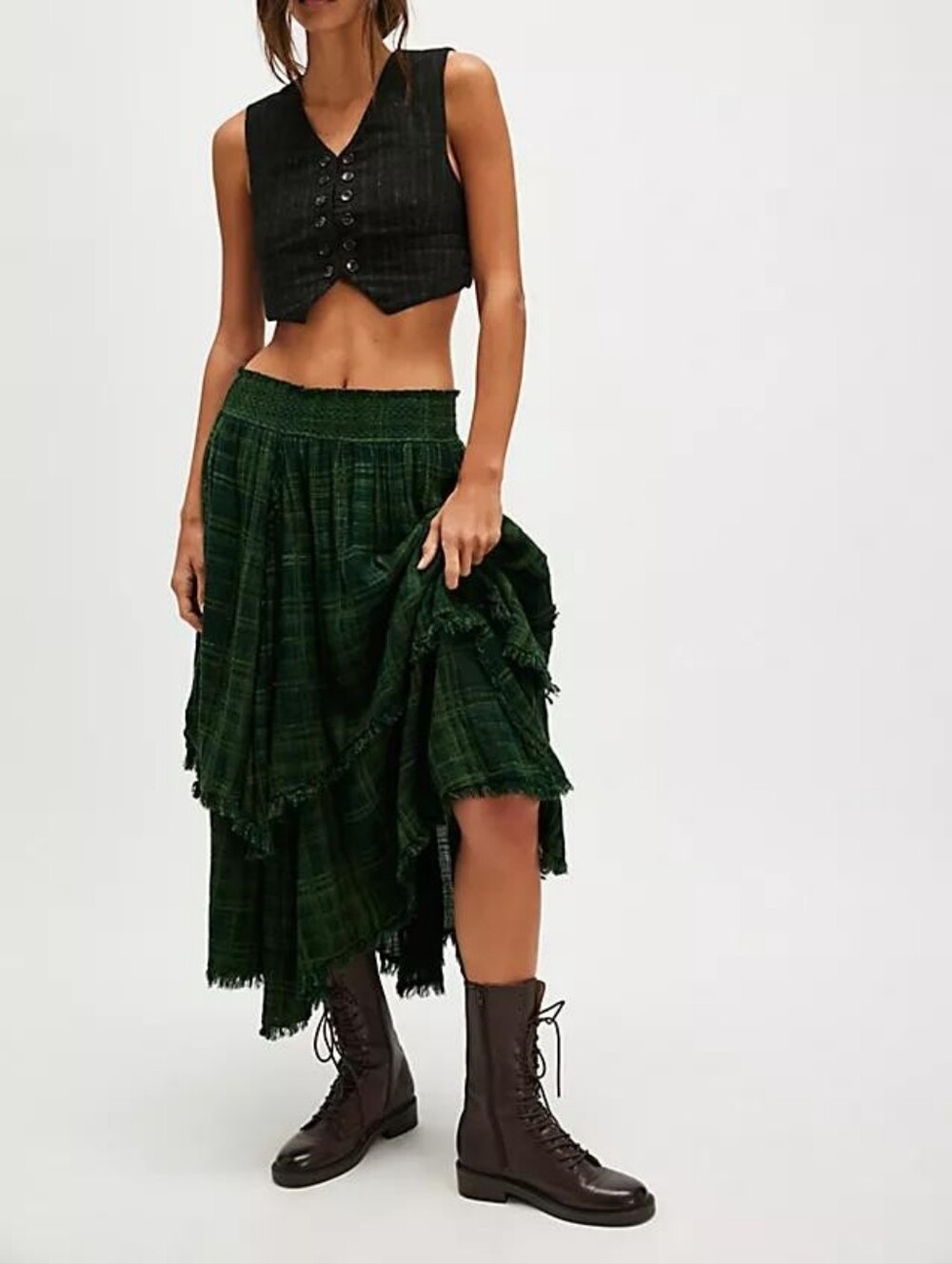 Free People FP One Averie Maxi Skirt Large Green Plaid